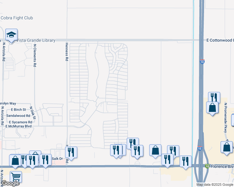 map of restaurants, bars, coffee shops, grocery stores, and more near Cole Circle in Casa Grande