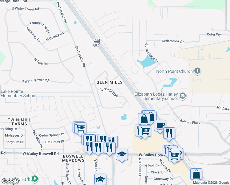 map of restaurants, bars, coffee shops, grocery stores, and more near 4504 Rockmill Trail in Fort Worth