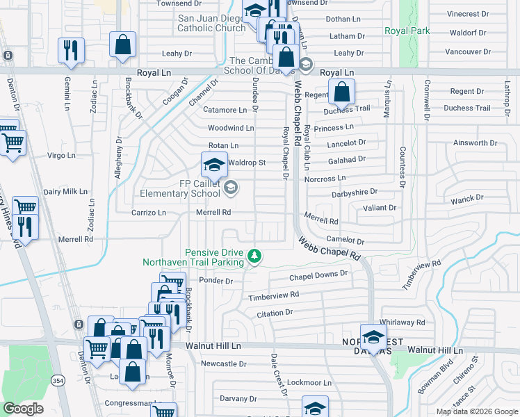 map of restaurants, bars, coffee shops, grocery stores, and more near 3124 Merrell Road in Dallas