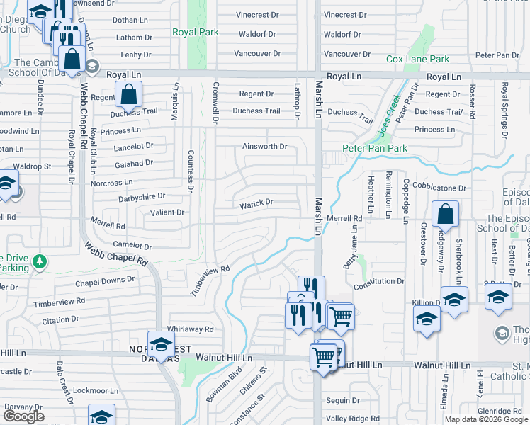 map of restaurants, bars, coffee shops, grocery stores, and more near 3570 Merrell Road in Dallas
