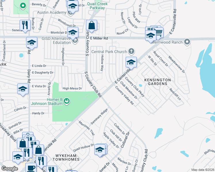 map of restaurants, bars, coffee shops, grocery stores, and more near 2602 South Country Club Road in Garland