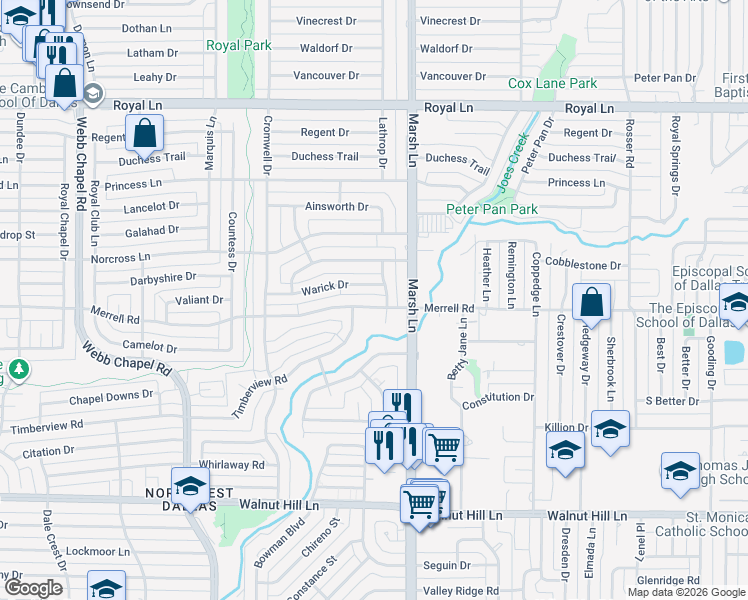 map of restaurants, bars, coffee shops, grocery stores, and more near 3626 Merrell Road in Dallas