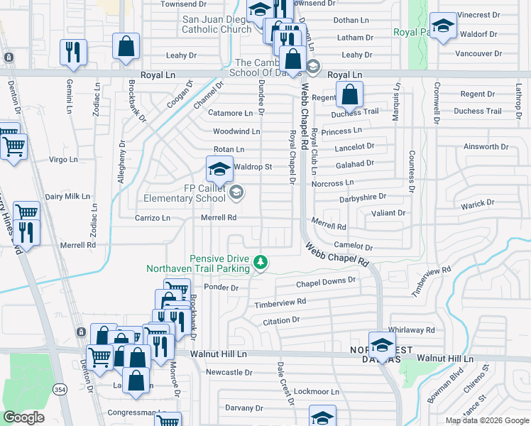 map of restaurants, bars, coffee shops, grocery stores, and more near 3124 Merrell Road in Dallas
