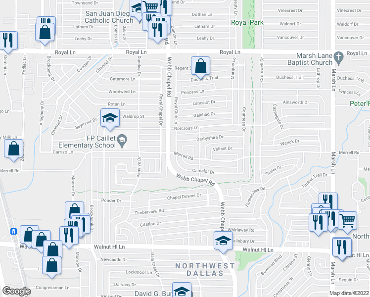 map of restaurants, bars, coffee shops, grocery stores, and more near 3247 Merrell Circle in Dallas