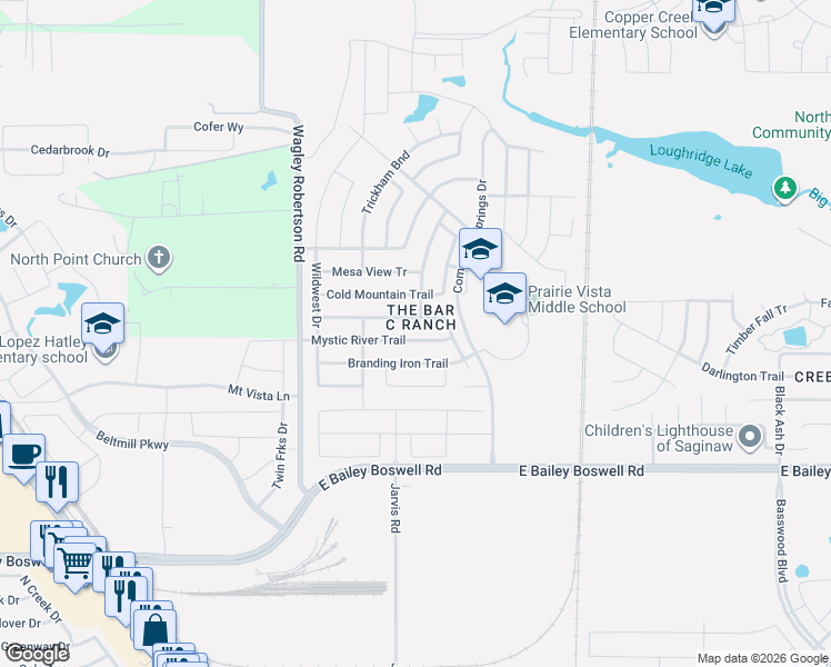 map of restaurants, bars, coffee shops, grocery stores, and more near 404 Branding Iron Trail in Fort Worth