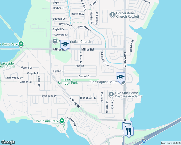 map of restaurants, bars, coffee shops, grocery stores, and more near 8004 Tulane Drive in Rowlett