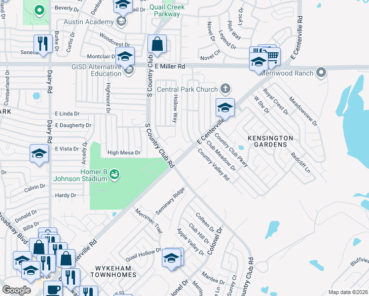 map of restaurants, bars, coffee shops, grocery stores, and more near 2602 South Country Club Road in Garland