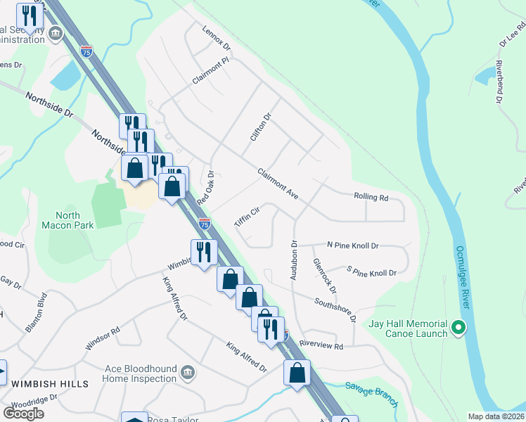 map of restaurants, bars, coffee shops, grocery stores, and more near 3080 Tiffin Circle in Macon