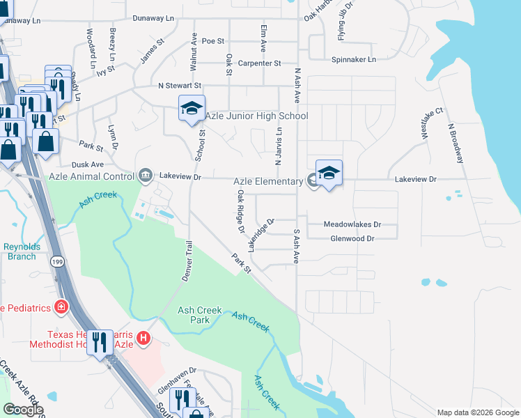 map of restaurants, bars, coffee shops, grocery stores, and more near 1105 Lakeridge Drive in Azle