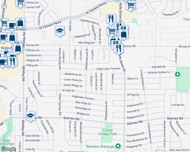 map of restaurants, bars, coffee shops, grocery stores, and more near 8001 Katie Lane in Watauga