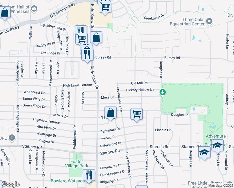 map of restaurants, bars, coffee shops, grocery stores, and more near 6800 Moss Lane in North Richland Hills