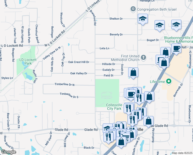 map of restaurants, bars, coffee shops, grocery stores, and more near 5345-5379 Bransford Road in Colleyville