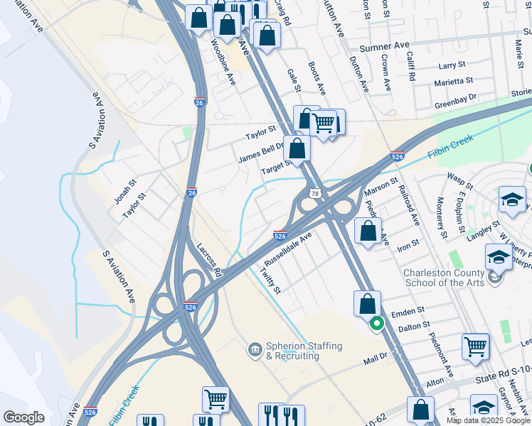 map of restaurants, bars, coffee shops, grocery stores, and more near 2205 Margaret Drive in North Charleston