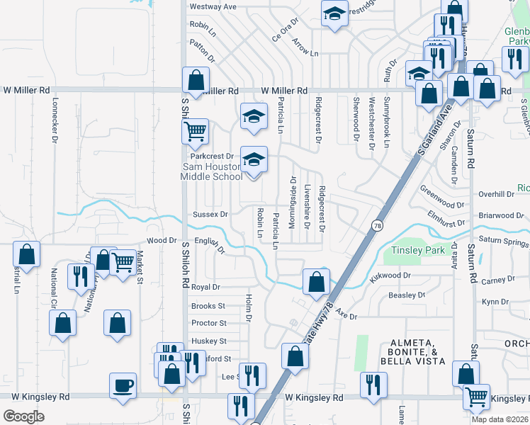 map of restaurants, bars, coffee shops, grocery stores, and more near 2518 Patricia Lane in Garland