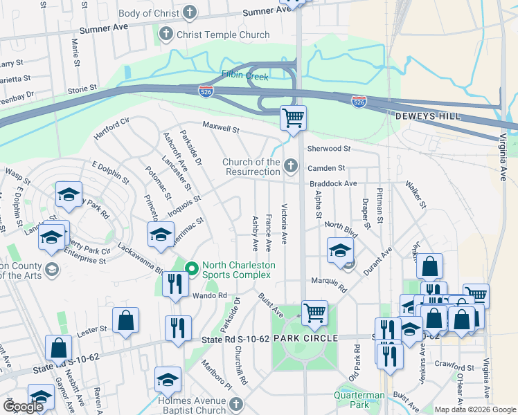 map of restaurants, bars, coffee shops, grocery stores, and more near 5011 France Avenue in North Charleston