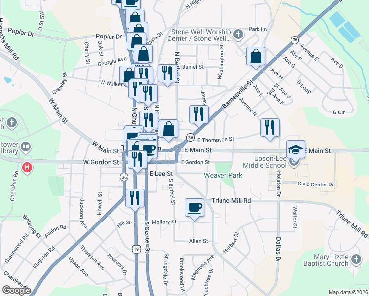map of restaurants, bars, coffee shops, grocery stores, and more near 315 East Gordon Street in Thomaston