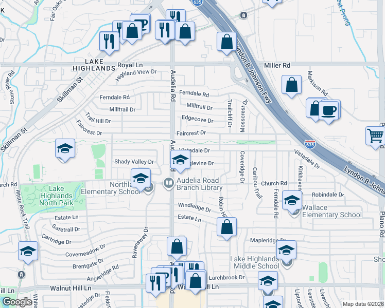 map of restaurants, bars, coffee shops, grocery stores, and more near 9916 Tanglevine Drive in Dallas