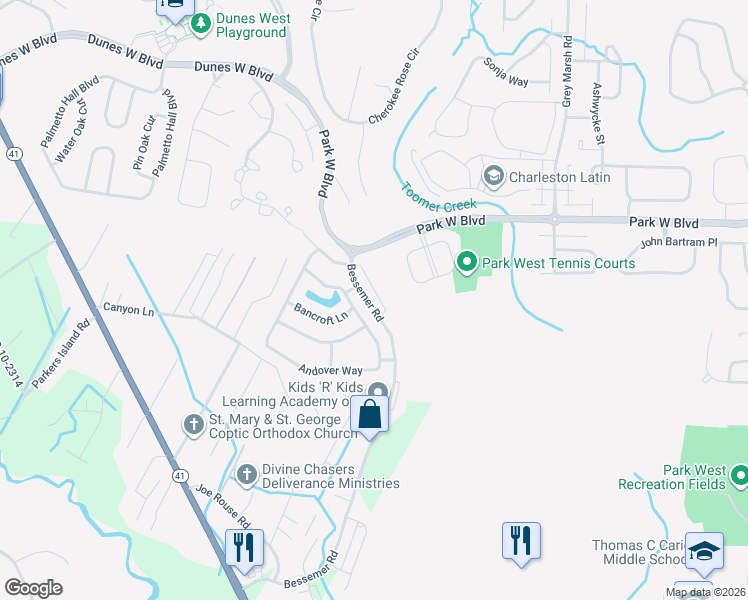 map of restaurants, bars, coffee shops, grocery stores, and more near 1646 Bridwell Lane in Mount Pleasant