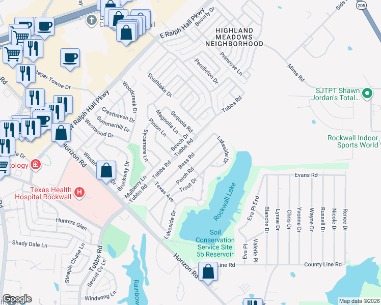 map of restaurants, bars, coffee shops, grocery stores, and more near 425 Bass Road in Rockwall