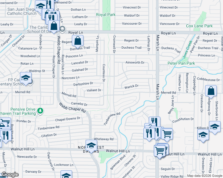 map of restaurants, bars, coffee shops, grocery stores, and more near 10405 Cromwell Drive in Dallas