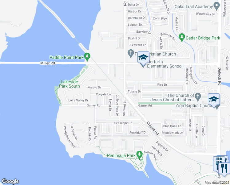 map of restaurants, bars, coffee shops, grocery stores, and more near 7209 Colgate Lane in Rowlett