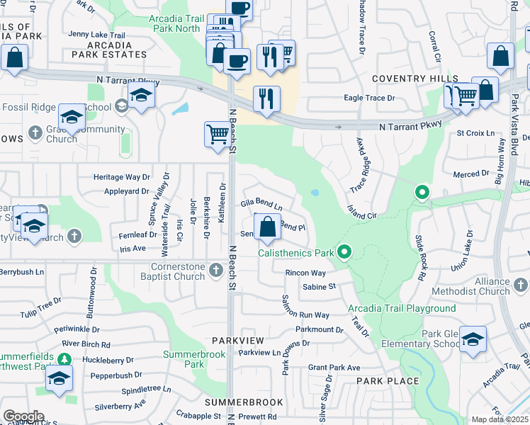 map of restaurants, bars, coffee shops, grocery stores, and more near 4624 Timken Trail in Fort Worth