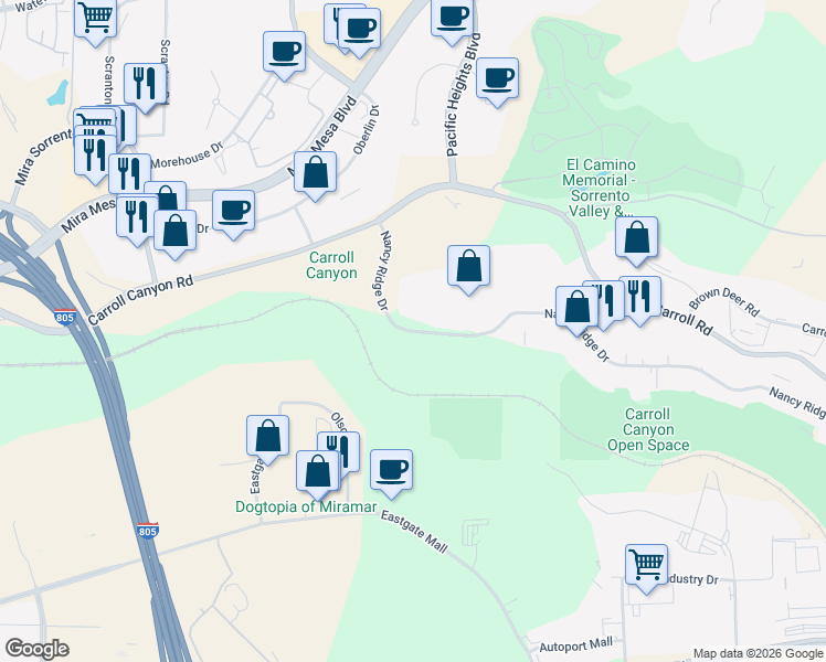 map of restaurants, bars, coffee shops, grocery stores, and more near 5431 Nancy Ridge Drive in San Diego