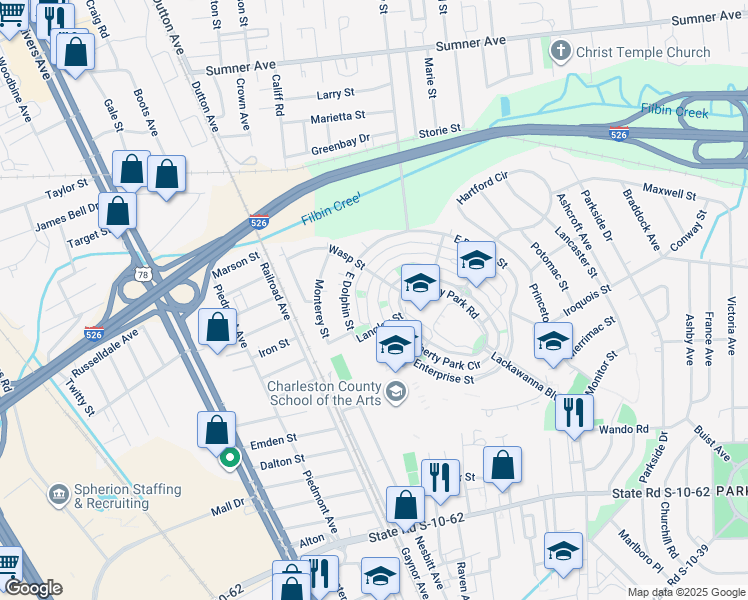 map of restaurants, bars, coffee shops, grocery stores, and more near 5126 West Dolphin Street in North Charleston