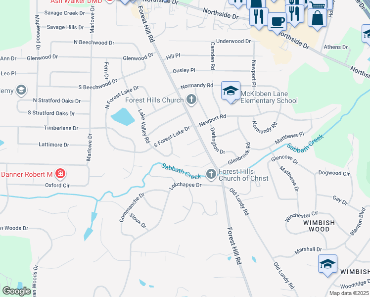 map of restaurants, bars, coffee shops, grocery stores, and more near 831 Forest Hill Court in Macon