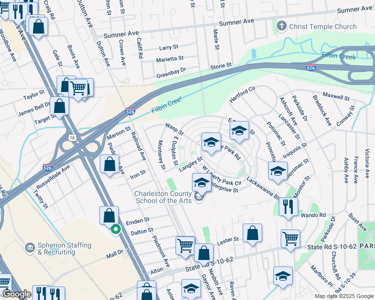 map of restaurants, bars, coffee shops, grocery stores, and more near 5126 West Dolphin Street in North Charleston