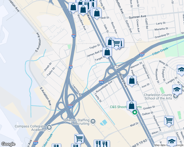 map of restaurants, bars, coffee shops, grocery stores, and more near 5228 April Avenue in North Charleston