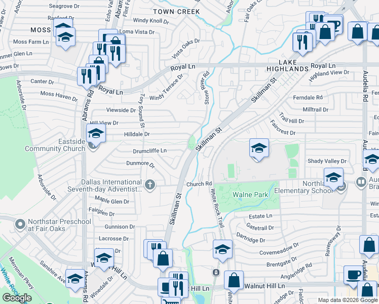 map of restaurants, bars, coffee shops, grocery stores, and more near 7701 Skillman Street in Dallas