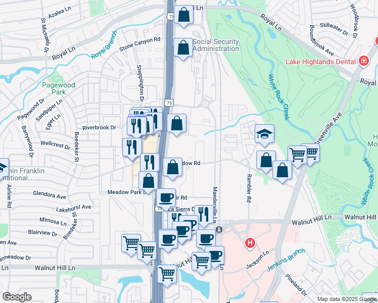 map of restaurants, bars, coffee shops, grocery stores, and more near 10440 North Central Expressway in Dallas