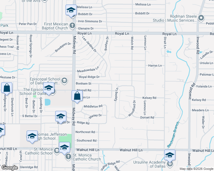 map of restaurants, bars, coffee shops, grocery stores, and more near 4348 Royal Ridge Drive in Dallas