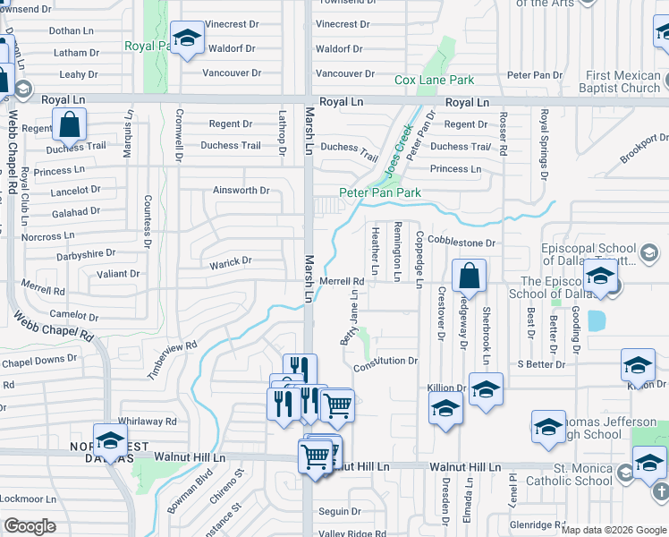 map of restaurants, bars, coffee shops, grocery stores, and more near 10424 Marsh Lane in Dallas