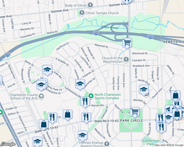 map of restaurants, bars, coffee shops, grocery stores, and more near 5101 Lancaster Street in North Charleston