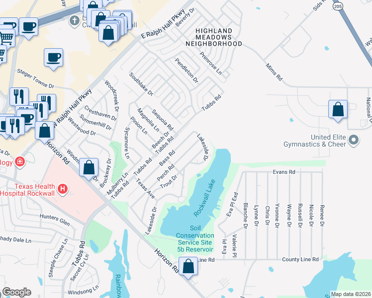 map of restaurants, bars, coffee shops, grocery stores, and more near 561 Bass Road in Rockwall