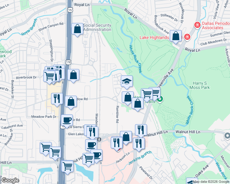 map of restaurants, bars, coffee shops, grocery stores, and more near 7907 Minglewood Lane in Dallas