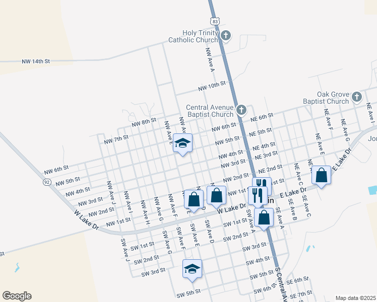 map of restaurants, bars, coffee shops, grocery stores, and more near 405 Northwest 5th Street in Hamlin