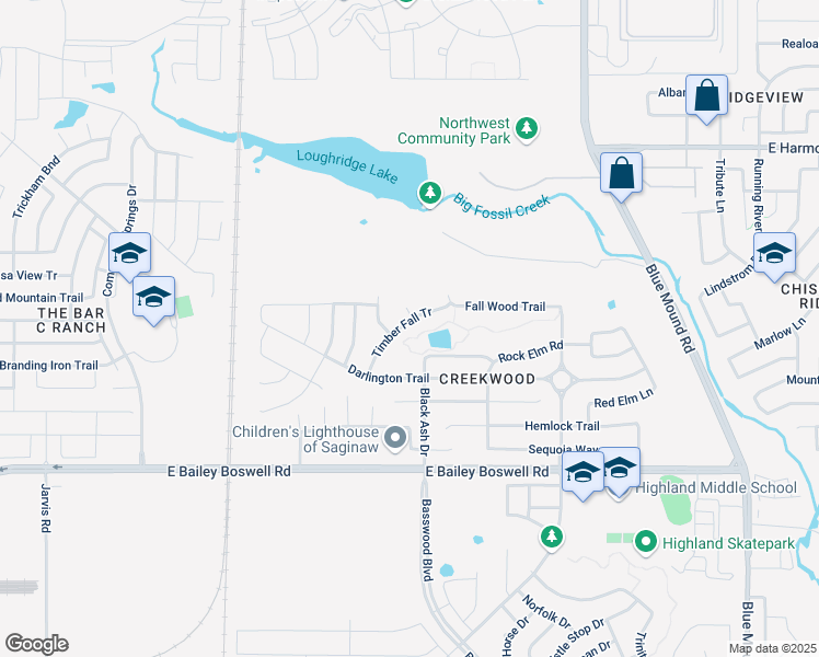 map of restaurants, bars, coffee shops, grocery stores, and more near 404 Timber Fall Court in Fort Worth