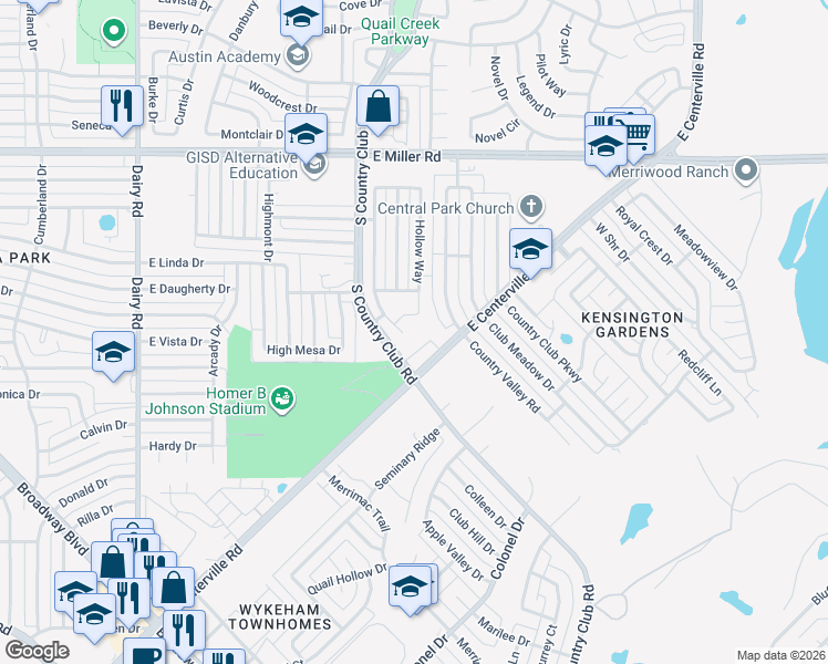map of restaurants, bars, coffee shops, grocery stores, and more near 1621 East Centerville Road in Garland