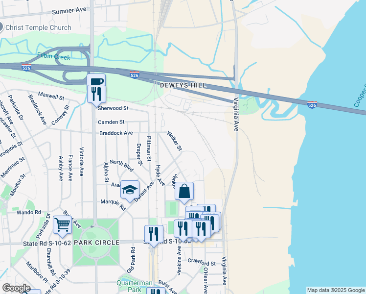 map of restaurants, bars, coffee shops, grocery stores, and more near 5044 Walker Street in North Charleston