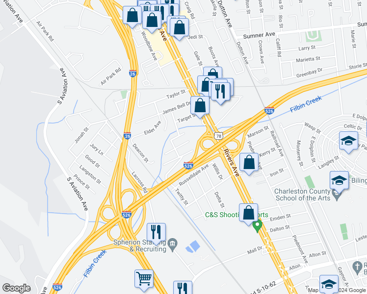map of restaurants, bars, coffee shops, grocery stores, and more near 2163 Flora Street in North Charleston