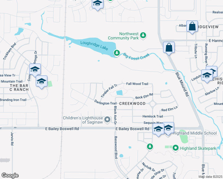map of restaurants, bars, coffee shops, grocery stores, and more near 404 Timber Fall Court in Fort Worth