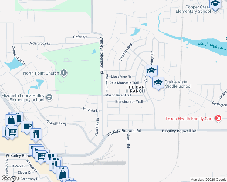 map of restaurants, bars, coffee shops, grocery stores, and more near 524 High Desert Drive in Fort Worth