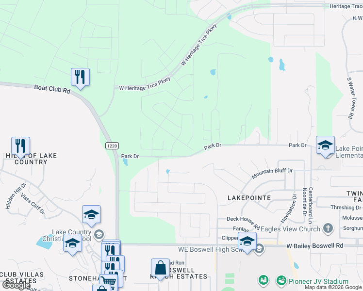 map of restaurants, bars, coffee shops, grocery stores, and more near 9604 Park Drive in Fort Worth
