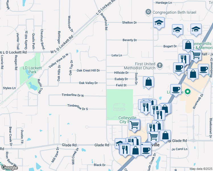 map of restaurants, bars, coffee shops, grocery stores, and more near 5379 Bransford Rd in Colleyville