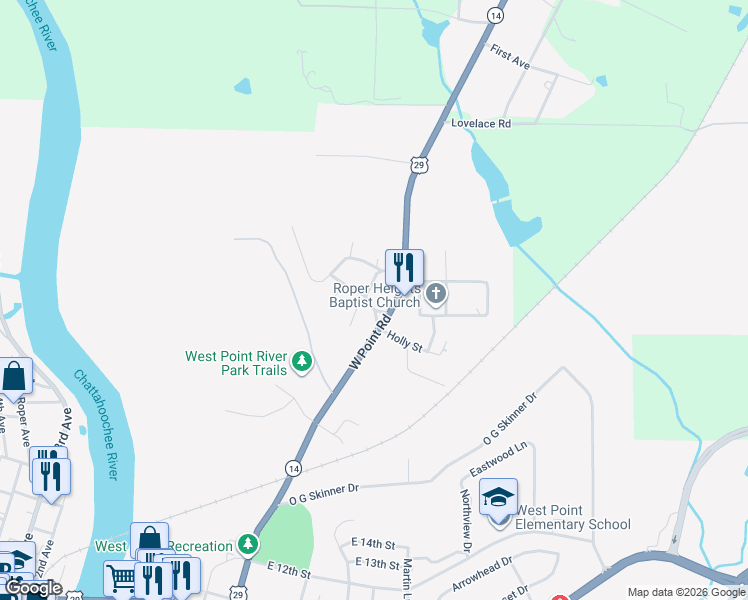 map of restaurants, bars, coffee shops, grocery stores, and more near 1801 Malco Drive in West Point
