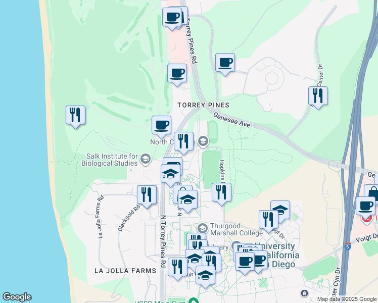 map of restaurants, bars, coffee shops, grocery stores, and more near 2 Scholars Drive North in San Diego