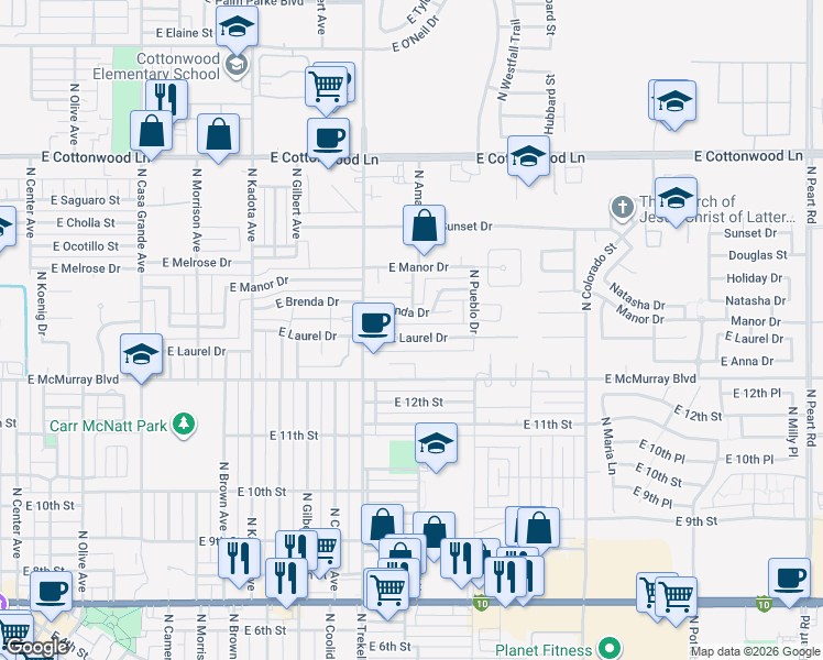 map of restaurants, bars, coffee shops, grocery stores, and more near 1143 East Brenda Drive in Casa Grande